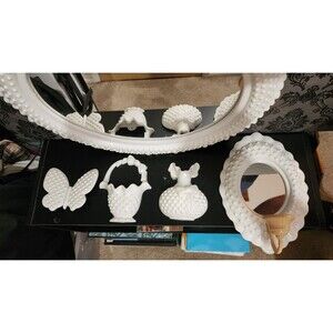 RARE find MCM Vintage Hobnail White Burwood Basket, Vase, Butterfly, Mirror